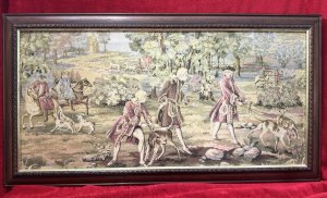 Louis XV Style 18th Century 'The Aristocratic Pursuit Of The Hunt' Silk Needle Point Tapestry. Framed Circa - 1940 Composition - Silk Threads On Canvas Listing Description Impeccable 18th Century Style After François Boucher, Hand Woven Tapestry Depicting French Countryside Parkland Scene, With Many Gentlemen In Eighteenth Century Period Costume Riding Horseback And Walking Hunting Dogs. The Tapestry Showcases Exploring The Joys Of Hunting And The Noble Pursuit Of The Hunt. Fine Details Include A Grand Chateau In The Distance With Horse Drawn Carriage Approaching Amongst Vibrant Abundant Flora And Fauna Backdrop. Tapestry Set In Carved Mahogany Frame With Hanging Hooks Upon Reverse For Wall Display. Dimensions In Inches Height 23" x Width 43" For Further Information Please Call The Museum Curator On 07707 488566 Thankyou.