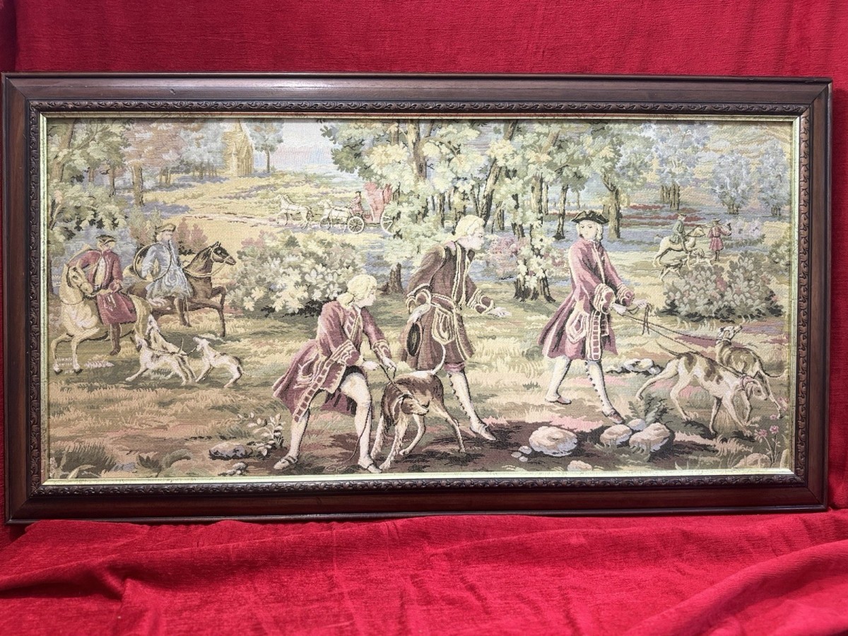 Louis Xv Style 18th Century Aristocratic Pursuit Of The Hunt Tapestry. Framed