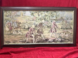 Louis XV Style 18th Century 'The Aristocratic Pursuit Of The Hunt' Silk Needle Point Tapestry. Framed Circa - 1940 Composition - Silk Threads On Canvas Listing Description Impeccable 18th Century Style After François Boucher, Hand Woven Tapestry Depicting French Countryside Parkland Scene, With Many Gentlemen In Eighteenth Century Period Costume Riding Horseback And Walking Hunting Dogs. The Tapestry Showcases Exploring The Joys Of Hunting And The Noble Pursuit Of The Hunt. Fine Details Include A Grand Chateau In The Distance With Horse Drawn Carriage Approaching Amongst Vibrant Abundant Flora And Fauna Backdrop. Tapestry Set In Carved Mahogany Frame With Hanging Hooks Upon Reverse For Wall Display. Dimensions In Inches Height 23" x Width 43" For Further Information Please Call The Museum Curator On 07707 488566 Thankyou.