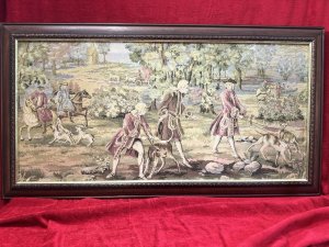 Louis XV Style 18th Century 'The Aristocratic Pursuit Of The Hunt' Silk Needle Point Tapestry. Framed Circa - 1940 Composition - Silk Threads On Canvas Listing Description Impeccable 18th Century Style After François Boucher, Hand Woven Tapestry Depicting French Countryside Parkland Scene, With Many Gentlemen In Eighteenth Century Period Costume Riding Horseback And Walking Hunting Dogs. The Tapestry Showcases Exploring The Joys Of Hunting And The Noble Pursuit Of The Hunt. Fine Details Include A Grand Chateau In The Distance With Horse Drawn Carriage Approaching Amongst Vibrant Abundant Flora And Fauna Backdrop. Tapestry Set In Carved Mahogany Frame With Hanging Hooks Upon Reverse For Wall Display. Dimensions In Inches Height 23" x Width 43" For Further Information Please Call The Museum Curator On 07707 488566 Thankyou.