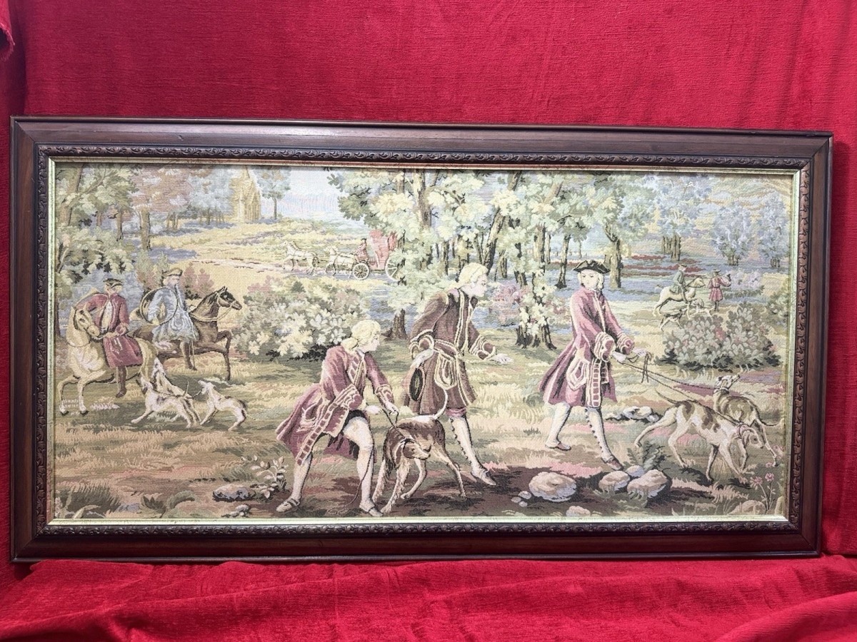 Louis Xv Style 18th Century Aristocratic Pursuit Of The Hunt Tapestry. Framed