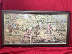 Louis XV Style 18th Century 'The Aristocratic Pursuit Of The Hunt' Silk Needle Point Tapestry. Framed Circa - 1940 Composition - Silk Threads On Canvas Listing Description Impeccable 18th Century Style After François Boucher, Hand Woven Tapestry Depicting French Countryside Parkland Scene, With Many Gentlemen In Eighteenth Century Period Costume Riding Horseback And Walking Hunting Dogs. The Tapestry Showcases Exploring The Joys Of Hunting And The Noble Pursuit Of The Hunt. Fine Details Include A Grand Chateau In The Distance With Horse Drawn Carriage Approaching Amongst Vibrant Abundant Flora And Fauna Backdrop. Tapestry Set In Carved Mahogany Frame With Hanging Hooks Upon Reverse For Wall Display. Dimensions In Inches Height 23" x Width 43" For Further Information Please Call The Museum Curator On 07707 488566 Thankyou.