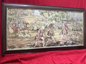 Louis XV Style 18th Century 'The Aristocratic Pursuit Of The Hunt' Silk Needle Point Tapestry. Framed Circa - 1940 Composition - Silk Threads On Canvas Listing Description Impeccable 18th Century Style After François Boucher, Hand Woven Tapestry Depicting French Countryside Parkland Scene, With Many Gentlemen In Eighteenth Century Period Costume Riding Horseback And Walking Hunting Dogs. The Tapestry Showcases Exploring The Joys Of Hunting And The Noble Pursuit Of The Hunt. Fine Details Include A Grand Chateau In The Distance With Horse Drawn Carriage Approaching Amongst Vibrant Abundant Flora And Fauna Backdrop. Tapestry Set In Carved Mahogany Frame With Hanging Hooks Upon Reverse For Wall Display. Dimensions In Inches Height 23" x Width 43" For Further Information Please Call The Museum Curator On 07707 488566 Thankyou.