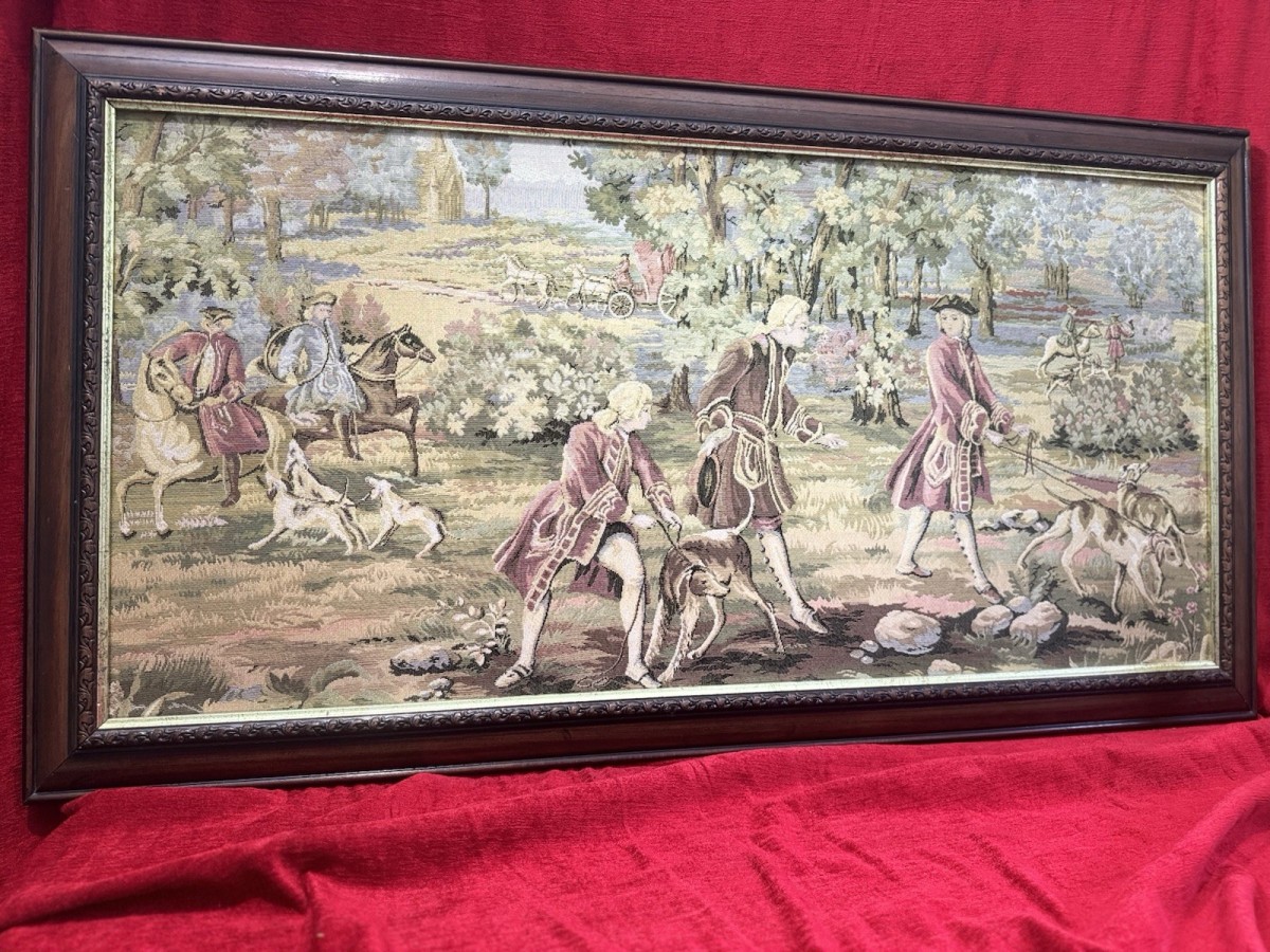 Louis Xv Style 18th Century Aristocratic Pursuit Of The Hunt Tapestry. Framed