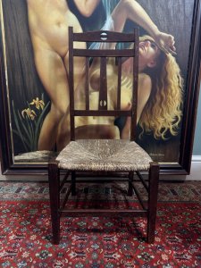 Antique Arts And Crafts Liberty & Co Circa 1900 Rush Seat Chair Circa - 1900 Composition - Solid Oak With Rush Seat. Listing Description Antique Circa 1900 Arts And Crafts Chair By Renowned Liberty & Co. Classic Of The Period Solid Oak Frame, Low Hand Woven Rush Seat With High Back Crest Rail And Five Splats With Centralised Pierce Half Moon Design. Solid Square Legs With Double Stretchers. Original Condition Very Good/ Sturdy Framed Great Example Of The Period. Dimensions In Cms Back Height 90cm x Chair Width 40cm x Seat Height 34cm x Seat Depth 37cm