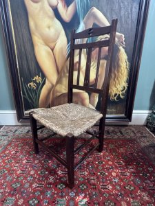 Antique Arts And Crafts Liberty & Co Circa 1900 Rush Seat Chair Circa - 1900 Composition - Solid Oak With Rush Seat. Listing Description Antique Circa 1900 Arts And Crafts Chair By Renowned Liberty & Co. Classic Of The Period Solid Oak Frame, Low Hand Woven Rush Seat With High Back Crest Rail And Five Splats With Centralised Pierce Half Moon Design. Solid Square Legs With Double Stretchers. Original Condition Very Good/ Sturdy Framed Great Example Of The Period. Dimensions In Cms Back Height 90cm x Chair Width 40cm x Seat Height 34cm x Seat Depth 37cm