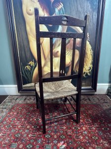 Antique Arts And Crafts Liberty & Co Circa 1900 Rush Seat Chair Circa - 1900 Composition - Solid Oak With Rush Seat. Listing Description Antique Circa 1900 Arts And Crafts Chair By Renowned Liberty & Co. Classic Of The Period Solid Oak Frame, Low Hand Woven Rush Seat With High Back Crest Rail And Five Splats With Centralised Pierce Half Moon Design. Solid Square Legs With Double Stretchers. Original Condition Very Good/ Sturdy Framed Great Example Of The Period. Dimensions In Cms Back Height 90cm x Chair Width 40cm x Seat Height 34cm x Seat Depth 37cm