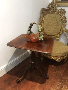 Quality 19th Century Elegant Mahogany Wine Table With Centre Turned Pedestal Stunning Rectangular Mahogany Top With A Canted Edge. In A Rich Grained Mahogany With Lovely Patina Tripod Of Carved Fluted Cabriole Legs With Carved Acanthus Leaves And Scroll Feet Historic Original Condition Some Minor Marks Conductive To Age And Usage Dimensions In Inches Height 27.5” Top 23.5”X 20.5” Top Thickness 3/4”