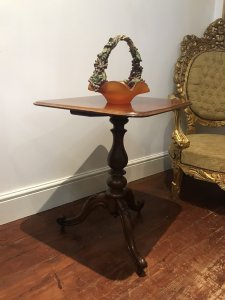 Quality 19th Century Elegant Mahogany Wine Table With Centre Turned Pedestal Stunning Rectangular Mahogany Top With A Canted Edge. In A Rich Grained Mahogany With Lovely Patina Tripod Of Carved Fluted Cabriole Legs With Carved Acanthus Leaves And Scroll Feet Historic Original Condition Some Minor Marks Conductive To Age And Usage Dimensions In Inches Height 27.5” Top 23.5”X 20.5” Top Thickness 3/4”