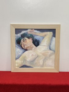 Figurative Nude Portrait Of Resting Female Muse By Artist Michael Jenkins. Beautiful Figurative Nude Portrait By Accomplished Contemporary Artist Michael Jenkins. Half Portrait Of Pale Skin Nude With Striking Black Hair. Stunning Attention To Detail With Delicate Facial Features And Elaborate Shadows In Complementary Blue/ Grey Tones. Perfect Piece For Centre Piece Or Over Mantle Display. Incredible Work Of Art In Oil And Acrylic On Board. Set In Pine Frame This Nude Portrait By Charismatic Artist Claude Micheal Gay Jenkins Sadly Deceased 2011 Was Exhibited As Part Of His Naked Form Exhibition May-July 2010 At The Farfield Mill Arts And Heritage Centre In The Howgill Gallery,Sedberg, Yorkshire. Brief Artist History Michael was born in London and educated in England, Scotland and Germany. He was always interested in art from an early age and at school was given freedom and encouragement to explore his grand passion whenever possible. Aged 15, he spent three weeks alone in Florence where he apparently “discovered” Renaissance art and on his first visit to the Uffizi, he says the vision of Botticelli’s Birth of Venus was an epiphany. He has taught in schools in Oxford, Canada, Scotland and lived and worked in the Lake District since 1972, retiring in 1996. Dimensions In Inches Height 17 3/4” X Width 17 3/4”