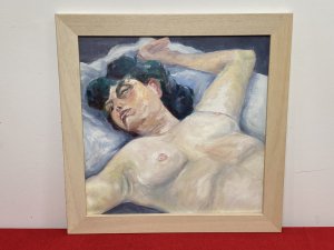 Figurative Nude Portrait Of Resting Female Muse By Artist Michael Jenkins. Beautiful Figurative Nude Portrait By Accomplished Contemporary Artist Michael Jenkins. Half Portrait Of Pale Skin Nude With Striking Black Hair. Stunning Attention To Detail With Delicate Facial Features And Elaborate Shadows In Complementary Blue/ Grey Tones. Perfect Piece For Centre Piece Or Over Mantle Display. Incredible Work Of Art In Oil And Acrylic On Board. Set In Pine Frame This Nude Portrait By Charismatic Artist Claude Micheal Gay Jenkins Sadly Deceased 2011 Was Exhibited As Part Of His Naked Form Exhibition May-July 2010 At The Farfield Mill Arts And Heritage Centre In The Howgill Gallery,Sedberg, Yorkshire. Brief Artist History Michael was born in London and educated in England, Scotland and Germany. He was always interested in art from an early age and at school was given freedom and encouragement to explore his grand passion whenever possible. Aged 15, he spent three weeks alone in Florence where he apparently “discovered” Renaissance art and on his first visit to the Uffizi, he says the vision of Botticelli’s Birth of Venus was an epiphany. He has taught in schools in Oxford, Canada, Scotland and lived and worked in the Lake District since 1972, retiring in 1996. Dimensions In Inches Height 17 3/4” X Width 17 3/4”