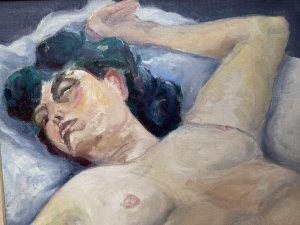 Figurative Nude Portrait Of Resting Female Muse By Artist Michael Jenkins. Beautiful Figurative Nude Portrait By Accomplished Contemporary Artist Michael Jenkins. Half Portrait Of Pale Skin Nude With Striking Black Hair. Stunning Attention To Detail With Delicate Facial Features And Elaborate Shadows In Complementary Blue/ Grey Tones. Perfect Piece For Centre Piece Or Over Mantle Display. Incredible Work Of Art In Oil And Acrylic On Board. Set In Pine Frame This Nude Portrait By Charismatic Artist Claude Micheal Gay Jenkins Sadly Deceased 2011 Was Exhibited As Part Of His Naked Form Exhibition May-July 2010 At The Farfield Mill Arts And Heritage Centre In The Howgill Gallery,Sedberg, Yorkshire. Brief Artist History Michael was born in London and educated in England, Scotland and Germany. He was always interested in art from an early age and at school was given freedom and encouragement to explore his grand passion whenever possible. Aged 15, he spent three weeks alone in Florence where he apparently “discovered” Renaissance art and on his first visit to the Uffizi, he says the vision of Botticelli’s Birth of Venus was an epiphany. He has taught in schools in Oxford, Canada, Scotland and lived and worked in the Lake District since 1972, retiring in 1996. Dimensions In Inches Height 17 3/4” X Width 17 3/4”