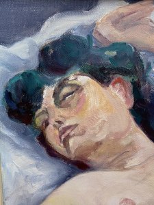Figurative Nude Portrait Of Resting Female Muse By Artist Michael Jenkins. Beautiful Figurative Nude Portrait By Accomplished Contemporary Artist Michael Jenkins. Half Portrait Of Pale Skin Nude With Striking Black Hair. Stunning Attention To Detail With Delicate Facial Features And Elaborate Shadows In Complementary Blue/ Grey Tones. Perfect Piece For Centre Piece Or Over Mantle Display. Incredible Work Of Art In Oil And Acrylic On Board. Set In Pine Frame This Nude Portrait By Charismatic Artist Claude Micheal Gay Jenkins Sadly Deceased 2011 Was Exhibited As Part Of His Naked Form Exhibition May-July 2010 At The Farfield Mill Arts And Heritage Centre In The Howgill Gallery,Sedberg, Yorkshire. Brief Artist History Michael was born in London and educated in England, Scotland and Germany. He was always interested in art from an early age and at school was given freedom and encouragement to explore his grand passion whenever possible. Aged 15, he spent three weeks alone in Florence where he apparently “discovered” Renaissance art and on his first visit to the Uffizi, he says the vision of Botticelli’s Birth of Venus was an epiphany. He has taught in schools in Oxford, Canada, Scotland and lived and worked in the Lake District since 1972, retiring in 1996. Dimensions In Inches Height 17 3/4” X Width 17 3/4”
