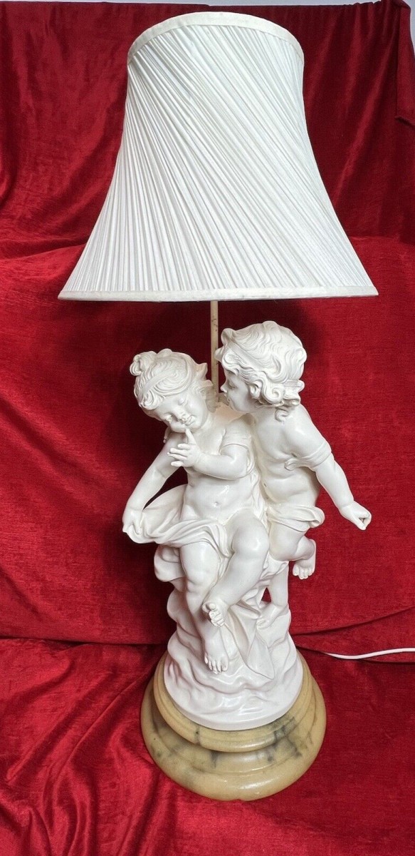 Primary image for Large Hollywood Glamour Lamp Of Cherubs Set Upon Circular Onyx Base