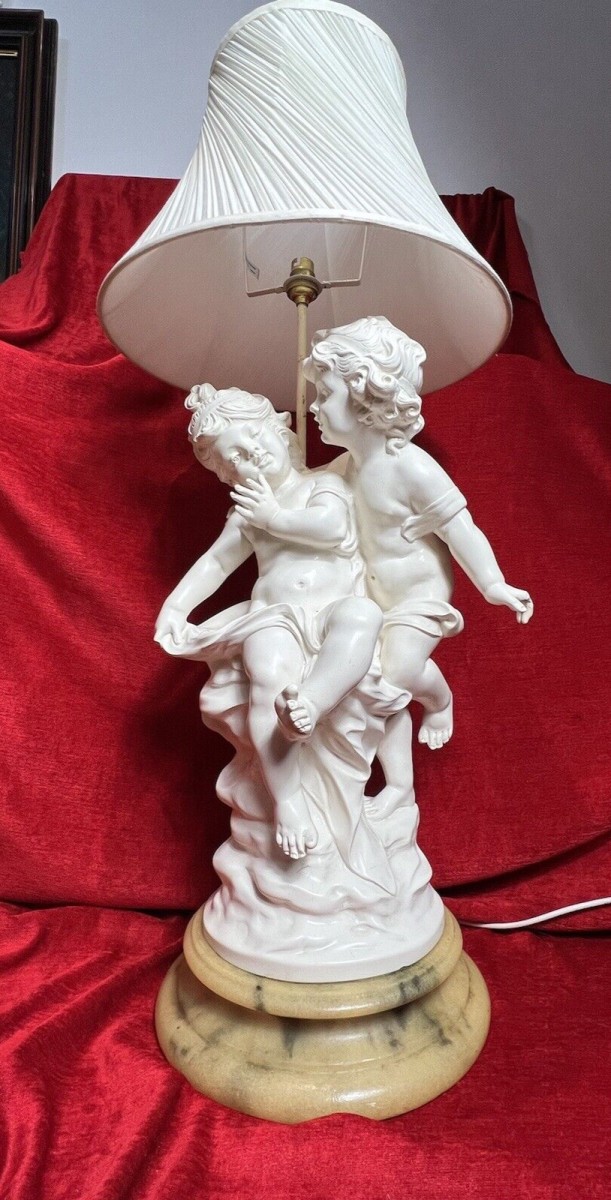 Large Hollywood Glamour Lamp Of Cherubs Set Upon Circular Onyx Base