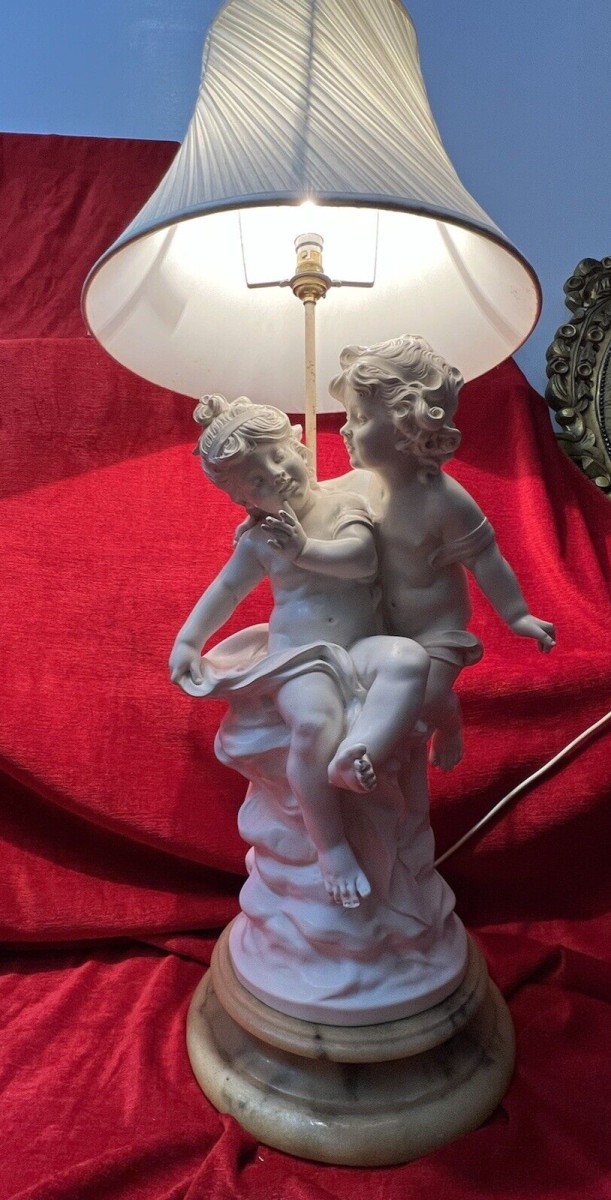 Large Hollywood Glamour Lamp Of Cherubs Set Upon Circular Onyx Base