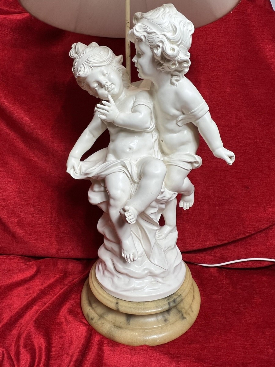 Large Hollywood Glamour Lamp Of Cherubs Set Upon Circular Onyx Base