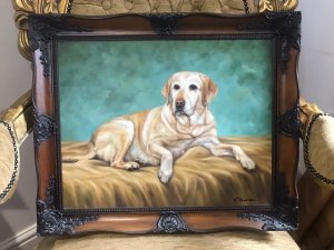 Contemporary Oil On Canvas Of Golden Retreiver Dog Framed & Signed Golden Retriever Reclining On A Rug Lovely Life Like Portrait In Stunning Detail Signed By The Artist R Bookmens Set In Ornate Carved Walnut Frame Dog Lovers Collectors Piece Provenance Purchased From Fine Art Gallery Stamped On The Rear Dimensions In Inches Height 19.5” Width 24”
