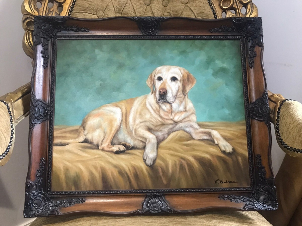 Contemporary Oil On Canvas Of Golden Retreiver Dog Framed & Signed