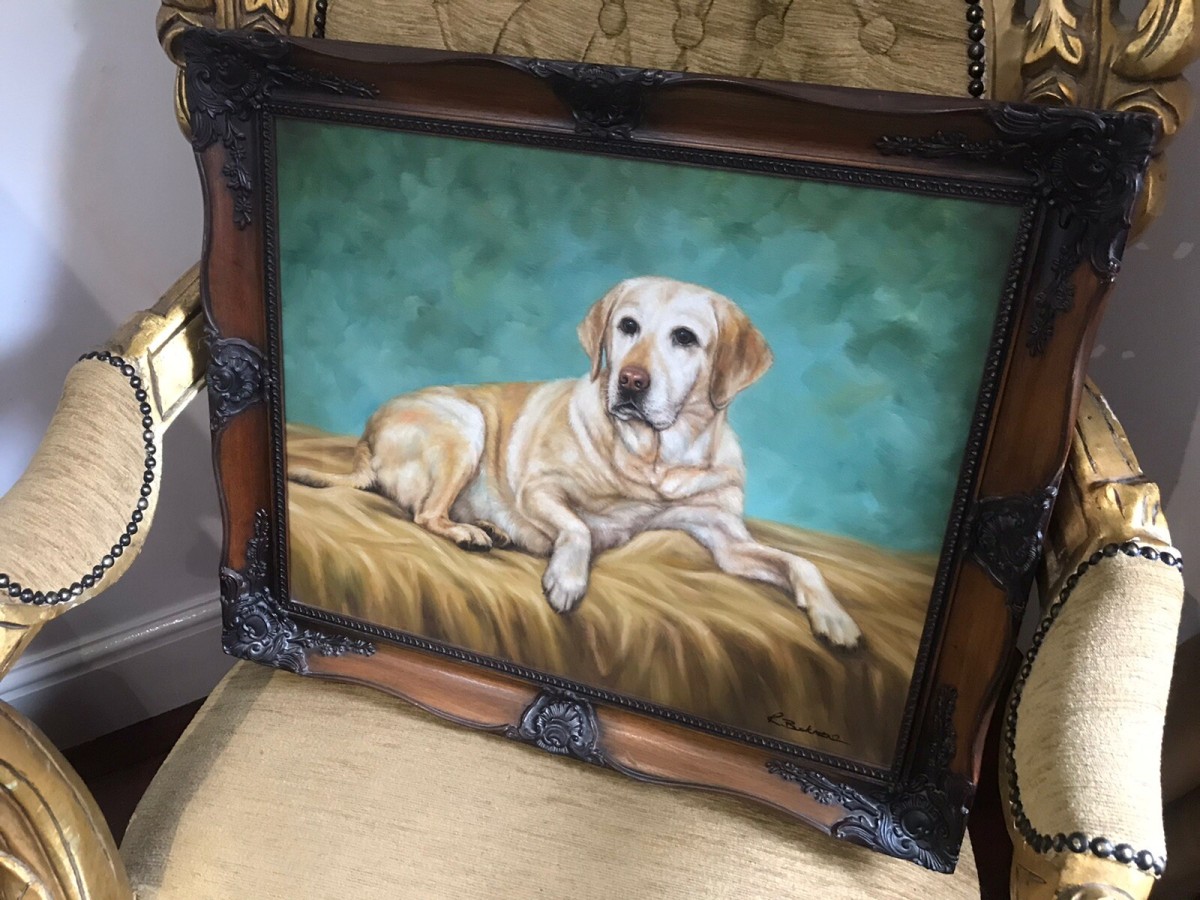 Contemporary Oil On Canvas Of Golden Retreiver Dog Framed & Signed