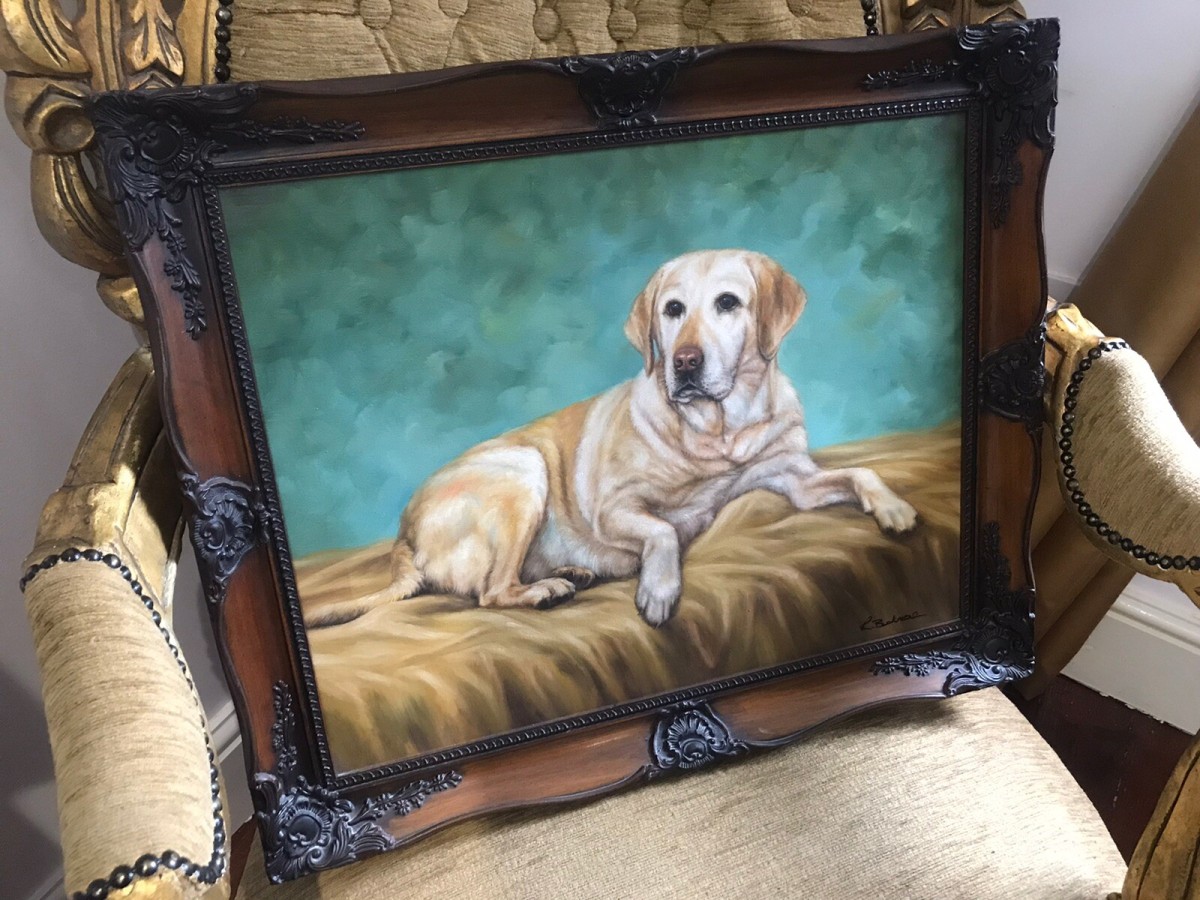 Contemporary Oil On Canvas Of Golden Retreiver Dog Framed & Signed