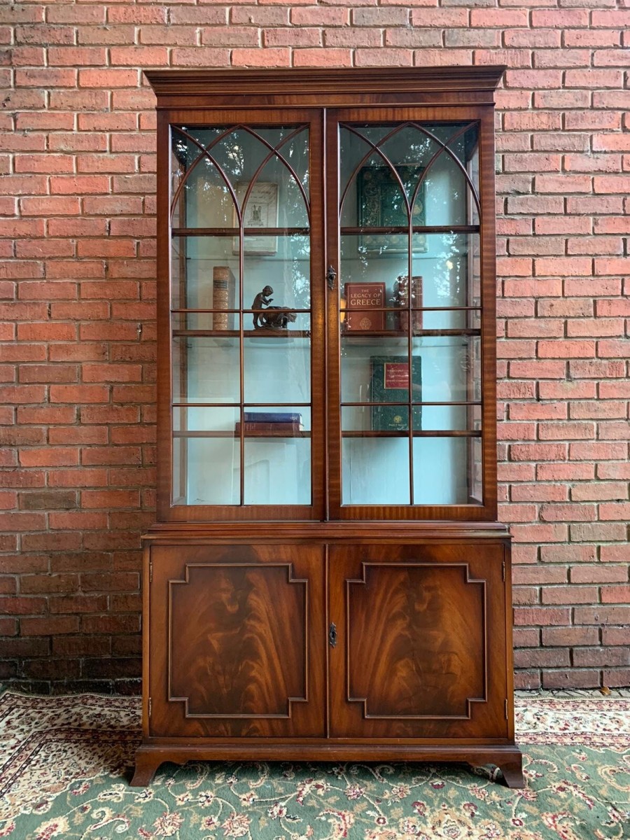 Fine Augustus Pugin Style Red Walnut Library Gothic Panel Bookcase