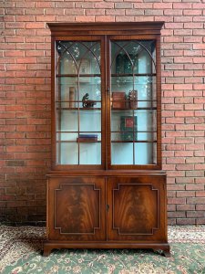 Fine Augustus Pugin Style Red Walnut Library Gothic Panel Bookcase. Red Walnut Veneered Cabinet With Four Doors Set On Splayed Feet With Arch Shaped Gothic Panelled Glass Doors. Thick Glass Shelves With Red Walnut Fronts. Lower Storage With Lots Of Volume For Manuscripts And More Books. Elegant Piece To Grace Any Library / Study / Office. Beautifully Craftsman Made Stunning Condition Provenance Property Of Gentleman From Windsor , Berkshire. Windsor. Highly Recommend By Lord Hill Museum Lord Hill Collection Dimensions In Inches Height Width Depth