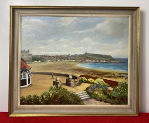 Cornish Costal Scape Of Sault Bay Oil On Canvas By Artist Vera Soper. Circa - 1970 Approx Medium- Oil On Canvas Stunning Contemporary Style Costal Scape Looking Out From A Landscaped Flower Filled Garden In The Picturesque Sault Bay, Cornwall. Fine Perspective With Intricate Details Of The Headland InThe Distance. A Curved Stone Wall Partitions The Immaculate Garden From The Beach With Lady Figure Holding A Dog Looking Out At The View. Delicately Painted Flora And Forna In Bright Colours. Set In Painted Gilt-wood Frame & Signed By Artist Vera Sopa. Dimensions In Inches Height 22 1/4” Width 26 1/4”