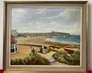 Cornish Costal Scape Of Sault Bay Oil On Canvas By Artist Vera Soper. Circa - 1970 Approx Medium- Oil On Canvas Stunning Contemporary Style Costal Scape Looking Out From A Landscaped Flower Filled Garden In The Picturesque Sault Bay, Cornwall. Fine Perspective With Intricate Details Of The Headland InThe Distance. A Curved Stone Wall Partitions The Immaculate Garden From The Beach With Lady Figure Holding A Dog Looking Out At The View. Delicately Painted Flora And Forna In Bright Colours. Set In Painted Gilt-wood Frame & Signed By Artist Vera Sopa. Dimensions In Inches Height 22 1/4” Width 26 1/4”