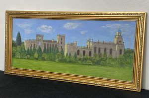 Historic Witley Court British Heritage Oil Painting Signed By Artist Pearl Bowl. Composition - Oil On Canvas Circa - 1920/30’s Beautifully Detailed Oil Painting Of Historic Stately Home Witley Court And Gardens Which Has Sadly Stood In Ruin Since 1937 After A Catastrophic Fire. Signed By Artist Pearl Bowl. Formally The Home Of The Foley Family Through Eight Generations, Whom Reworked The Historic Estate From A Humble Georgian Manor House To The Palatial Stately Home It Became In 1920’s. Under Its Final Owner Herbert Smith In 1972 The Palatial Home Was Now Derelict And Was Issued With A Compulsory Guardianship By British Heritage. High Quality Painting By Accomplished Artist. A Beautiful British Historic Monument In Gilt Frame. Dimensions In Inches Frame Height 9.5” Width 19 3/4” Painting Height 7 1/4” Width 17.5”