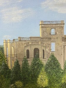 Historic Witley Court British Heritage Oil Painting Signed By Artist Pearl Bowl. Composition - Oil On Canvas Circa - 1920/30’s Beautifully Detailed Oil Painting Of Historic Stately Home Witley Court And Gardens Which Has Sadly Stood In Ruin Since 1937 After A Catastrophic Fire. Signed By Artist Pearl Bowl. Formally The Home Of The Foley Family Through Eight Generations, Whom Reworked The Historic Estate From A Humble Georgian Manor House To The Palatial Stately Home It Became In 1920’s. Under Its Final Owner Herbert Smith In 1972 The Palatial Home Was Now Derelict And Was Issued With A Compulsory Guardianship By British Heritage. High Quality Painting By Accomplished Artist. A Beautiful British Historic Monument In Gilt Frame. Dimensions In Inches Frame Height 9.5” Width 19 3/4” Painting Height 7 1/4” Width 17.5”