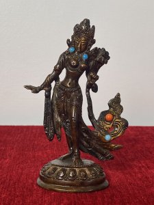Miniature Cold Painted Bronze Statue Of Belly Dancer With Semi Precious Stones Circa - Vintage Composition - Cast Bronze Fine Quality Vintage Bronze Statue Of Lady Belly Dancer With Ornamental Headdress, Large Earrings Encrusted With Semi Precious Blue Stones. Detailed 'Bedlah' Outfit With Bustier Top, Flowing Skirt And Arm Embellishments. Stands Upon Decorative Circular Base. Collectors Item. Condition - Pristine Fully Restored Fine Quality And Rich Patina. Dimension In Inches Height 5" Width 3.5" Base 1 3/4" X 2"
