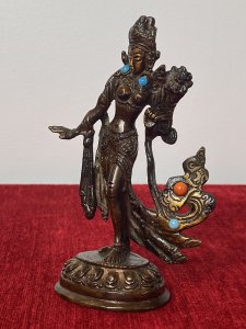 Miniature Cold Painted Bronze Statue Of Belly Dancer With Semi Precious Stones Circa - Vintage Composition - Cast Bronze Fine Quality Vintage Bronze Statue Of Lady Belly Dancer With Ornamental Headdress, Large Earrings Encrusted With Semi Precious Blue Stones. Detailed 'Bedlah' Outfit With Bustier Top, Flowing Skirt And Arm Embellishments. Stands Upon Decorative Circular Base. Collectors Item. Condition - Pristine Fully Restored Fine Quality And Rich Patina. Dimension In Inches Height 5" Width 3.5" Base 1 3/4" X 2"