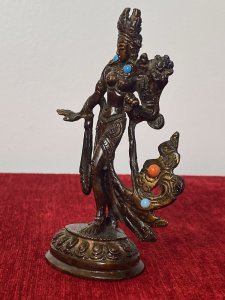 Miniature Cold Painted Bronze Statue Of Belly Dancer With Semi Precious Stones Circa - Vintage Composition - Cast Bronze Fine Quality Vintage Bronze Statue Of Lady Belly Dancer With Ornamental Headdress, Large Earrings Encrusted With Semi Precious Blue Stones. Detailed 'Bedlah' Outfit With Bustier Top, Flowing Skirt And Arm Embellishments. Stands Upon Decorative Circular Base. Collectors Item. Condition - Pristine Fully Restored Fine Quality And Rich Patina. Dimension In Inches Height 5" Width 3.5" Base 1 3/4" X 2"