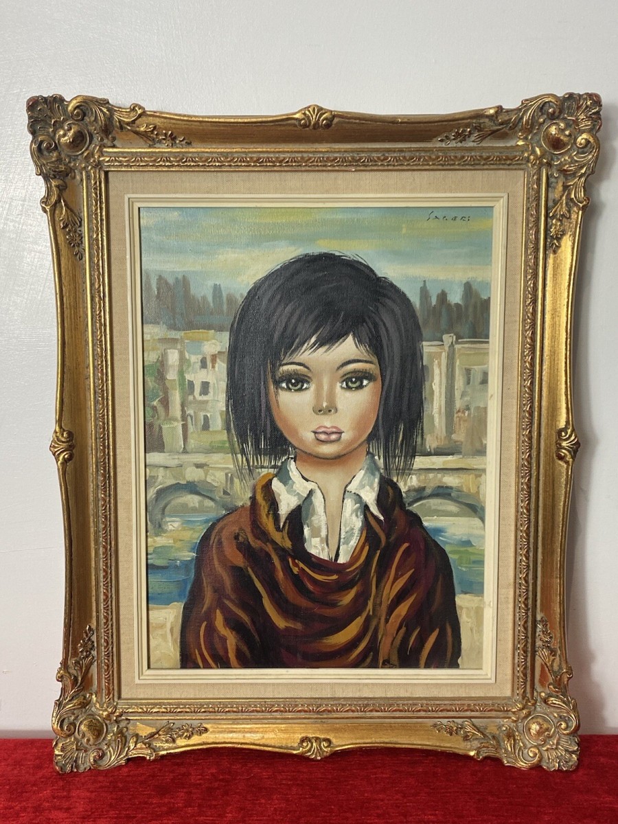 Italian Modern Caricature Style Oil Portrait Of Young Girl Signed Sageri