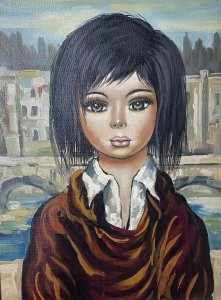 Italian Modern Caricature Style Oil Portrait Of Young Girl Signed SAGERI Circa - 20th Century Vintage Composition - Oil On Canvas Listing Description Beautiful And Interesting Composition Depicting The Half Portrait Of A Young Dark Haired Female, With Enlarged Cartoonist Features. The Females Head Is Disproportionate To The Body With Large Green Doll Like Eyes And Small Pursed Mouth. The Female Wears White Shirt With Elaborate Layered Over Robe. Focused Portrait With Unusual Impressionistic Venetian Landscape Background. A Stunning Conversation Artwork In Bold Colour Pallet. Signed by Artist SAGERI (Top Right Corner) And Set In Ornate Gilt Frame. Dimensions In Inches Height Width