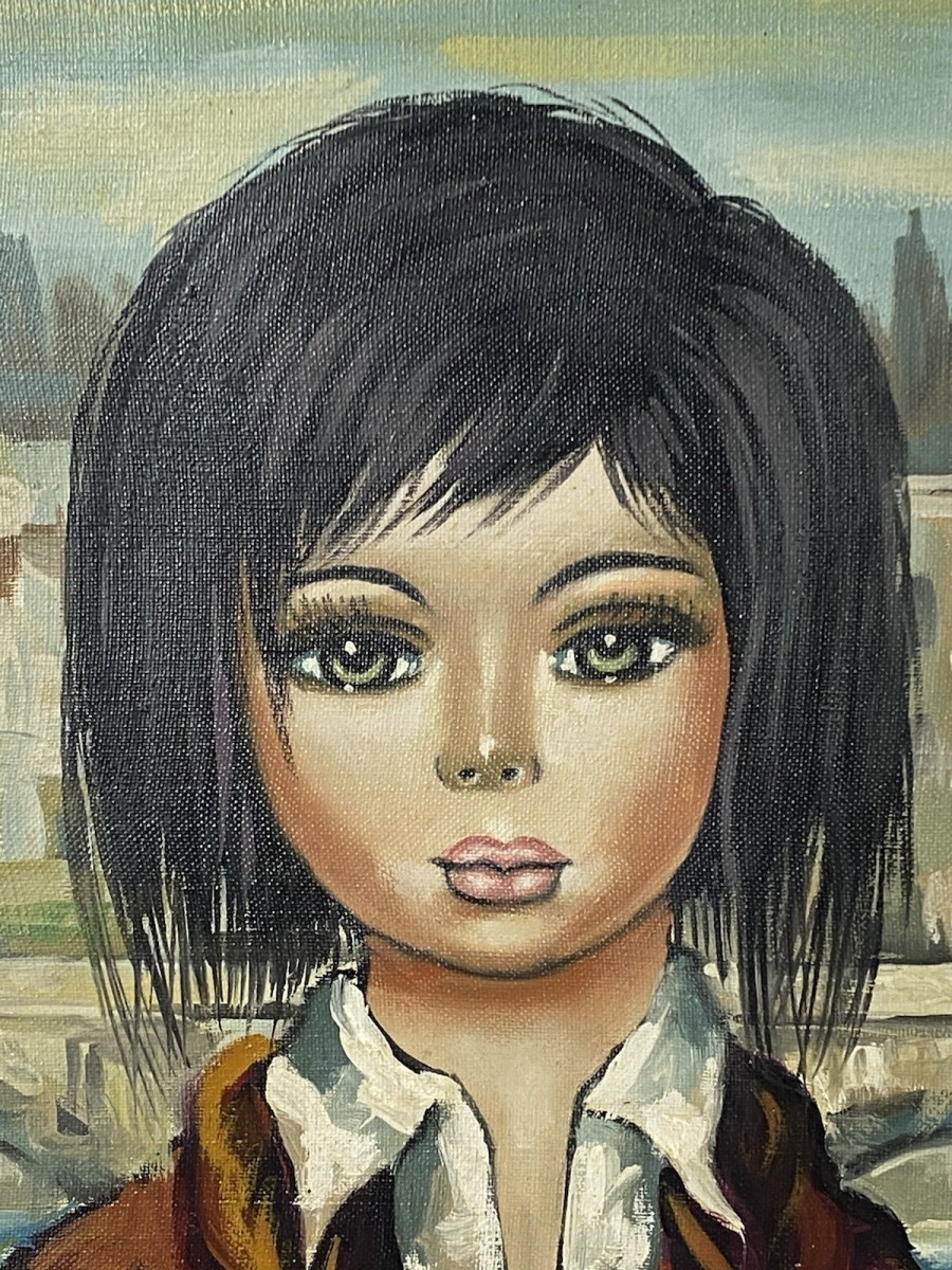 Italian Modern Caricature Style Oil Portrait Of Young Girl Signed Sageri