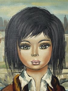 Italian Modern Caricature Style Oil Portrait Of Young Girl Signed SAGERI Circa - 20th Century Vintage Composition - Oil On Canvas Listing Description Beautiful And Interesting Composition Depicting The Half Portrait Of A Young Dark Haired Female, With Enlarged Cartoonist Features. The Females Head Is Disproportionate To The Body With Large Green Doll Like Eyes And Small Pursed Mouth. The Female Wears White Shirt With Elaborate Layered Over Robe. Focused Portrait With Unusual Impressionistic Venetian Landscape Background. A Stunning Conversation Artwork In Bold Colour Pallet. Signed by Artist SAGERI (Top Right Corner) And Set In Ornate Gilt Frame. Dimensions In Inches Height Width