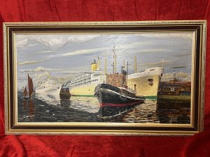 Fine British 20th Century Maritime Port Of London Oil Painting by Artist E W Shingler Circa - 1950 Composition - Oil On Canvas Listing Description 20th Century Exceptional Quality British Oil Painting Of Cruise Liner Vessels And Sailing Boats Docking In The Port Of London. The Central Portion Of The Artwork Showcases The Cruise Ship SS ORONSAY P&O Line Being Pulled By Tug Boat Lucia, With Large White Cruise Ship Behind And Masted Sailing Boat To The Left. In The Distance Standers By Watch The SS Oronsay Be Docked Into Port Thought To Be Her Maiden Voyage. Finely Painted Intricate Details Of Ships And Backdrop With Impeccable Water Movement And Reflection By Accomplished Artist E W SHINGLER. Quality British Artwork For Collector Of Maritime Paintings. Dimensions In Inches Height 19.5" X Width 34" For Further Information Please Call 07376 618513 Thank-You