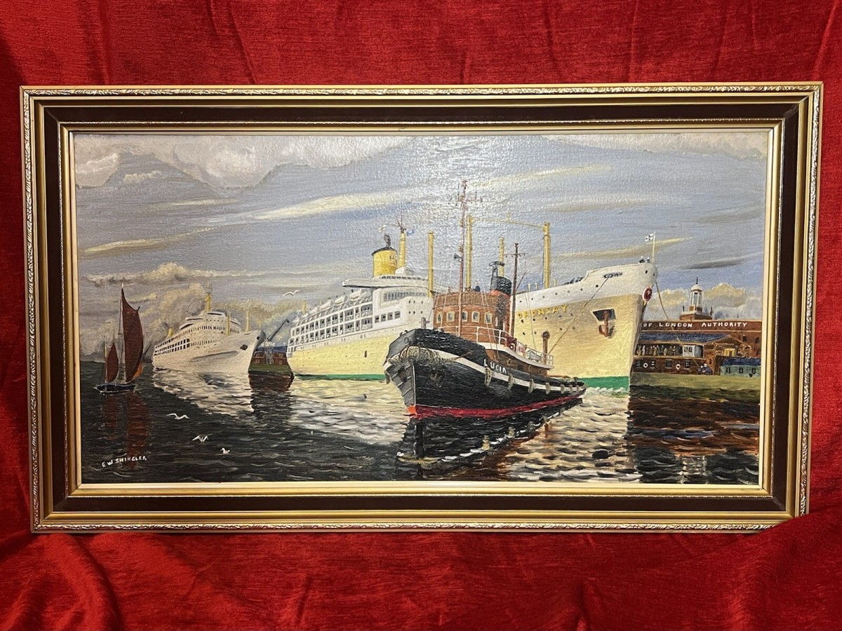 Fine 20th Century Maritime Port Of London Oil Painting By E W Shingler