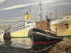 Fine British 20th Century Maritime Port Of London Oil Painting by Artist E W Shingler Circa - 1950 Composition - Oil On Canvas Listing Description 20th Century Exceptional Quality British Oil Painting Of Cruise Liner Vessels And Sailing Boats Docking In The Port Of London. The Central Portion Of The Artwork Showcases The Cruise Ship SS ORONSAY P&O Line Being Pulled By Tug Boat Lucia, With Large White Cruise Ship Behind And Masted Sailing Boat To The Left. In The Distance Standers By Watch The SS Oronsay Be Docked Into Port Thought To Be Her Maiden Voyage. Finely Painted Intricate Details Of Ships And Backdrop With Impeccable Water Movement And Reflection By Accomplished Artist E W SHINGLER. Quality British Artwork For Collector Of Maritime Paintings. Dimensions In Inches Height 19.5" X Width 34" For Further Information Please Call 07376 618513 Thank-You