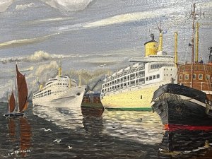 Fine British 20th Century Maritime Port Of London Oil Painting by Artist E W Shingler Circa - 1950 Composition - Oil On Canvas Listing Description 20th Century Exceptional Quality British Oil Painting Of Cruise Liner Vessels And Sailing Boats Docking In The Port Of London. The Central Portion Of The Artwork Showcases The Cruise Ship SS ORONSAY P&O Line Being Pulled By Tug Boat Lucia, With Large White Cruise Ship Behind And Masted Sailing Boat To The Left. In The Distance Standers By Watch The SS Oronsay Be Docked Into Port Thought To Be Her Maiden Voyage. Finely Painted Intricate Details Of Ships And Backdrop With Impeccable Water Movement And Reflection By Accomplished Artist E W SHINGLER. Quality British Artwork For Collector Of Maritime Paintings. Dimensions In Inches Height 19.5" X Width 34" For Further Information Please Call 07376 618513 Thank-You