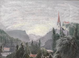 Original Dutch School Pastel Landscape Painting Dated -1987 Composition - Pastel On Vellum Listing Description Original Artwork Of Dutch Landscape Scene. Dark Colour Palette Greys And Deep Green Hues. Signed by Artist and Dated 1987. Dimensions In Cms Height 54.5cm X Width 65cm For Further Information Please Call The Curator On 07707 488566 Thank-you