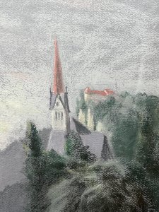 Original Dutch School Pastel Landscape Painting Dated -1987 Composition - Pastel On Vellum Listing Description Original Artwork Of Dutch Landscape Scene. Dark Colour Palette Greys And Deep Green Hues. Signed by Artist and Dated 1987. Dimensions In Cms Height 54.5cm X Width 65cm For Further Information Please Call The Curator On 07707 488566 Thank-you