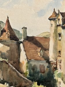 French School Chateau Watercolour Painting Circa - 1970's Composition - Watercolour On Vellum Listing Description Chateau Painting In Watercolour Using Vivid Colour Palette By Accomplished Hand. Signed By Artist. Dimensions In Cms Height 55cm X Width 65cm