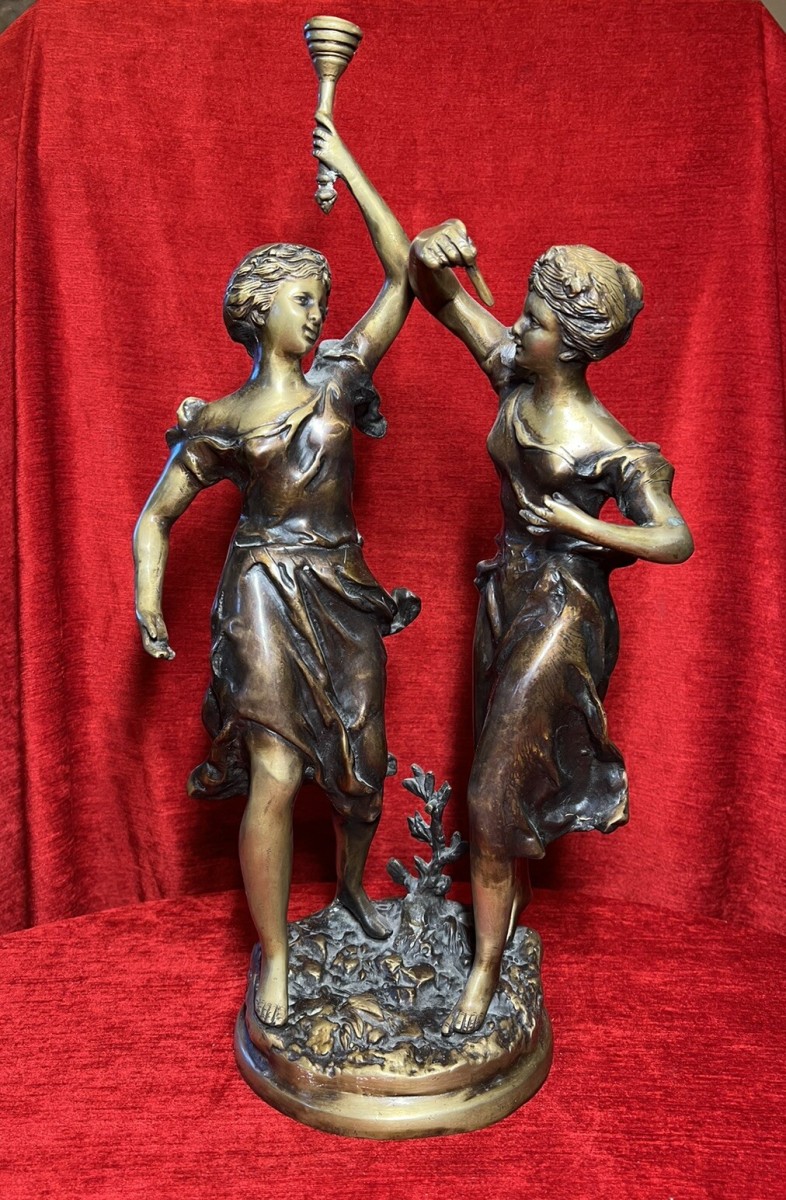 Primary image for Ernest Rancoulet Bronze Sculpture Of Two Ladies Lighting Torcher Titled Olympia
