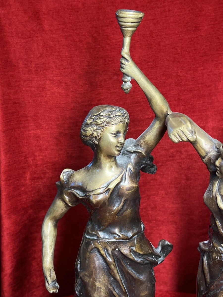 Ernest Rancoulet Bronze Sculpture Of Two Ladies Lighting Torcher Titled Olympia