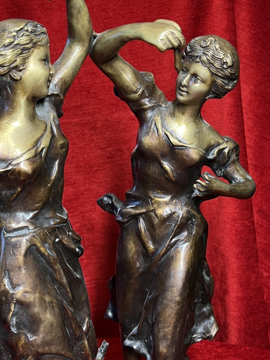 Ernest Rancoulet Bronze Sculpture Of Two Ladies Lighting Torcher Titled Olympia