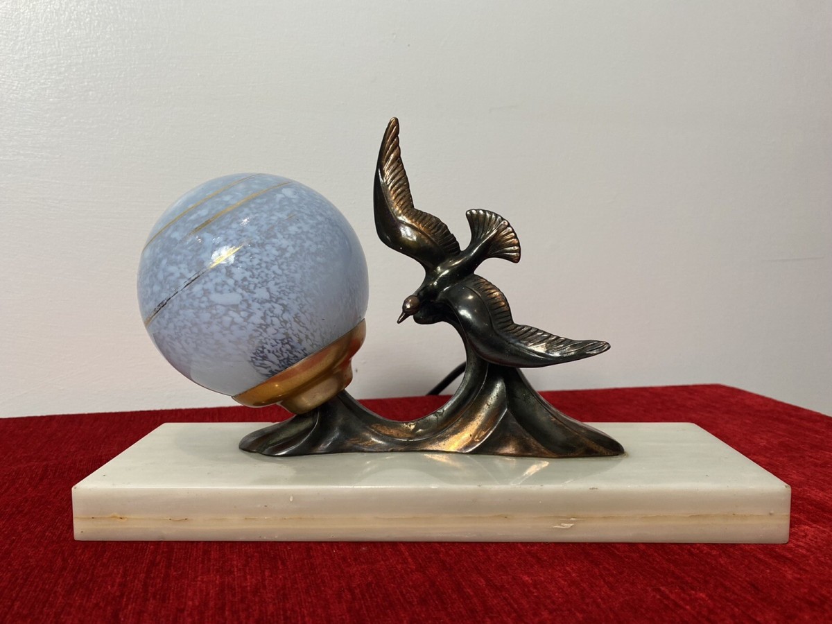 Primary image for Art Deco Gilded Bronze Swallow Table Lamp With Opaque Marble Glass Lantern