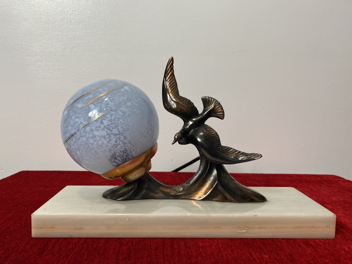 Art Deco Gilded Bronze Swallow Table Lamp With Opaque Marble Glass Lantern